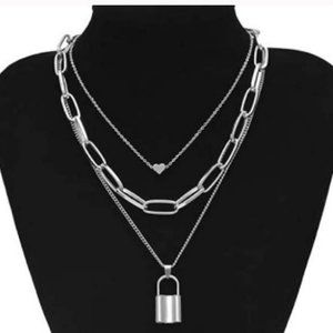 New On Trend Layered Silver Lock Chain Necklace